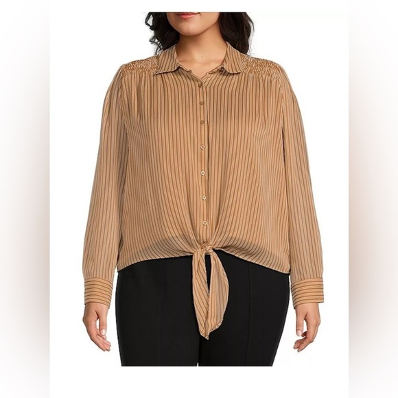 NEW 1X Plus Size Calvin Klein Women's Stripe Point Collar Long Sleeve Tie Front - Picture 1 of 11